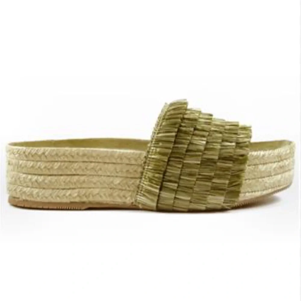 Paloma Barceló Olive Green Raffia Platform Slide Sandals - Picture 1 of 11